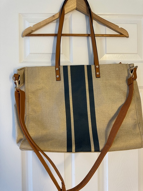 Source Unknown Handbags - Canvas Tote Bag with Dark Blue Stripe and Brown Leather Handles